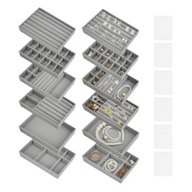 Jiayaus Pack of 7 Jewellery Drawer Tray, Velvet Stackable Jewellery Organiser, Grey Jewellery Tray, Jewellery Organiser for Dresser, Display Women's Earrings, Rings, Necklaces (7)