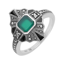 Esse Marcasite Sterling Silver Black Enamel Green Chalcedony & Marcasite Art Deco Ring (O)