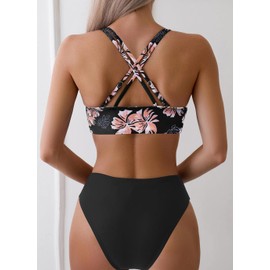 Fanuerg Women's V Neck Bikini Sets Hollow Out Push Up Swimsuit Criss Cross Back Two Piece Bathing Suit Black Floral XXL