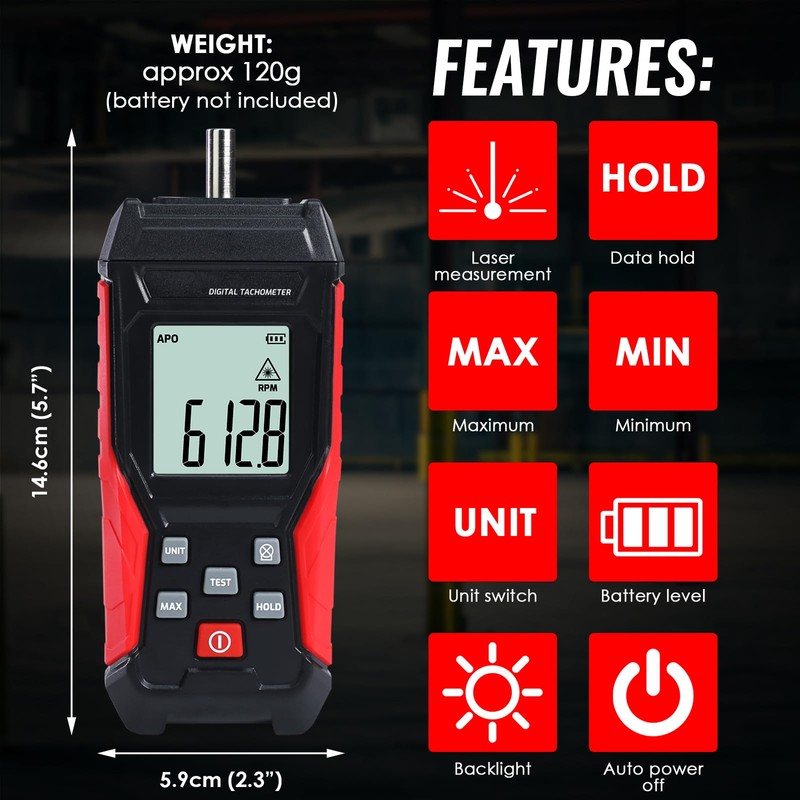TEKCOPLUS 2-in-1 Digital Tachometer with Laser & Contact Non-Contact Laser