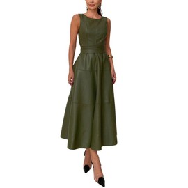 CHARTOU Women PU Faux Leather Sleeveless Elegant Flowy Long Dress Party Night Out Dress with Belt (Small, Green)