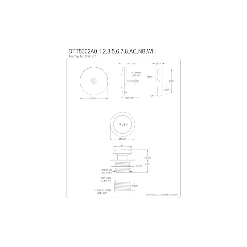 Kingston Brass DTT5302A0 Easy Touch Toe-Tap Tub Drain Kit, Matte
