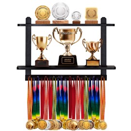 LAVIEVERT Wooden Medal Hanger & Trophy Shelf, Wall-Mounted Race Medal Display with 2 Tier Storage Shelf, Medal Holder Trophy Rack with 19 Hanging Bars - Black