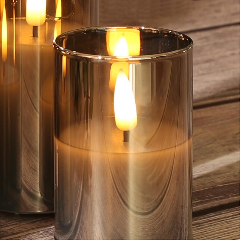 Girimax Grey Glass Flameless Candles with Remote, Flickering LED Votive