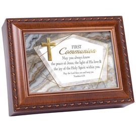 Cottage Garden First Communion Woodgrain Jewelry Music Box Plays How Great Thou Art