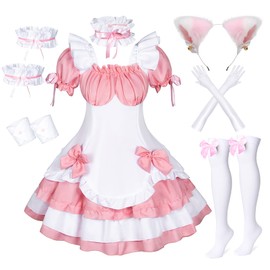 Anime French Maid Lolita Fancy Queen Princess Dress Cosplay Costume Furry Cat Ear Gloves Socks set（PinkL）