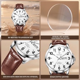 Taxau - Men's Waterproof Leather Watch - Luminous Men's Watch Dial - Date Business Watches Leisure, 8409-brown leather and white