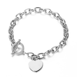 Wang Gao Elegent Love Stainless Steel Link Chain Blank Heart Charms Bracelet for Women Fits 6.27-7.24" wrist Toggle Clasp Closure,Silver