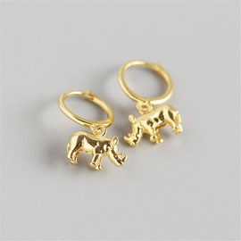 Cute Rhino Dangle Hoop Earrings for Women Sterling Silver with Charms Animal Rhinoceros Drop Cartilage Cuff Stud Lovely Jewelry Fashion Dainty Birthday Christmas for Daughter (Gold)