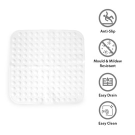 ANSIO® Shower Mats Non Slip Anti Mould Bath Mat for Bathroom Rubber Shower Mat with Drain Holes & Suction Cups Machine Washable (54 x 54 cm, Solid-White)