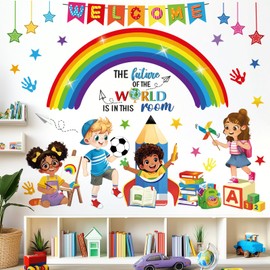 decalmile Rainbow Reading Corner Wall Decals Handprint The Future of The World Inspirational Quotes Wall Stickers Kids Playroom School Library Classroom Wall Decor