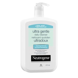Neutrogena Daily Foaming Facial Cleanser, Makeup Remover Face Wash, Ultra Gentle, 33% more per bottle, 473 mL, white