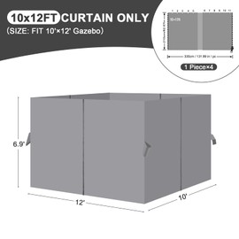 Aoodor 10 x 12 ft Gazebo Curtain Set, 4 Panels Gazebo Universal Replacement Privacy Sidewalls with Double Zipper, Gray