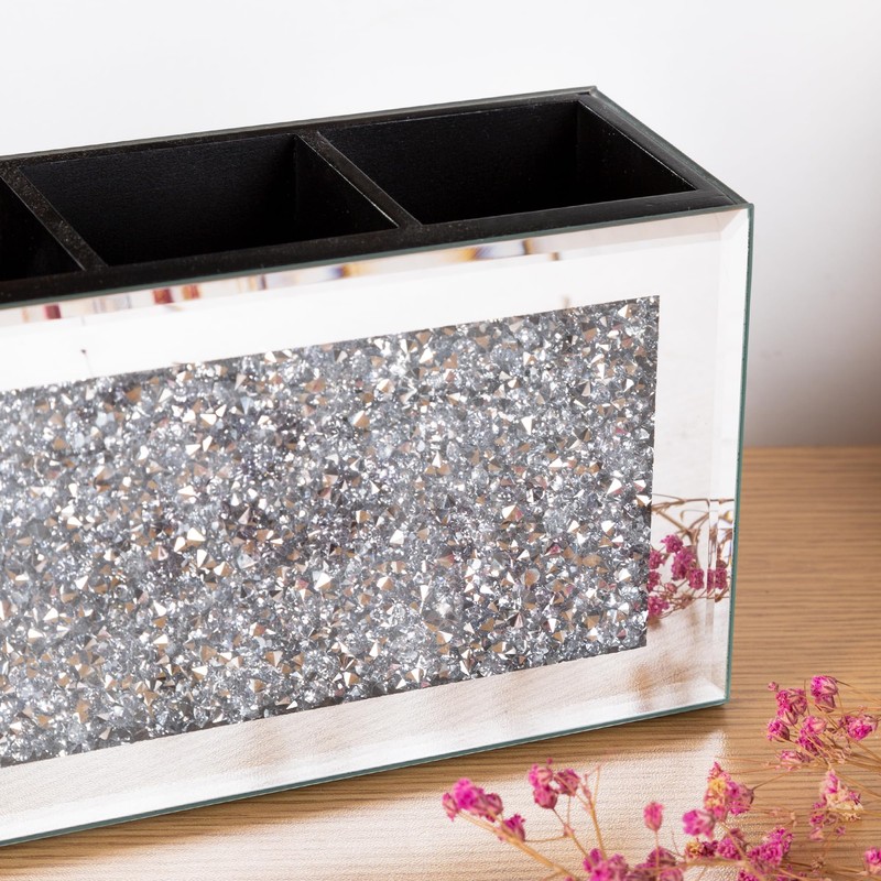 SHYFOY 4-Compartment Makeup Brush Holder, Mirrored Makeup Organizer with Crushed