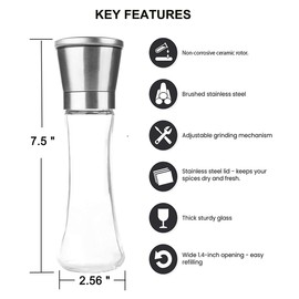 Pepper Grinder or Salt Grinder, Best Spice Mill with Ceramic Blades, Adjustable Coarseness, Brushed Stainless Steel Cap, and Refillable Tall Glass Body with 6OZ Capacity (7.5")