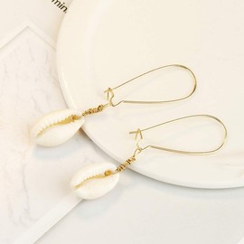 QLUYCKW Natural Seashell Earrings Bohemian Turquoise Pearl Silver Scallop Drop Dangle Earrings Cowrie Summer Beach Vacation Jewelry for Women (Gold Hoop)