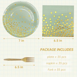 WXLDGHQ Serve 35 Guests Sage Green and Gold Party Supplies,Sage Green Plates and Napkins,7 Inch Disposable Sage Green Dessert Paper Plates for Wedding Birthday Party
