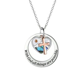 JewelryWe Women Mustard Cross Necklace: Ladies Christian Colorful Abalone Engraved Layered Pendant Faith Gift Stainless Steel Iridescent Necklace