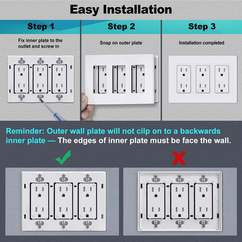 CML 3-Gang Screwless Decorator Wall Plate, 2 Pack Light Switch