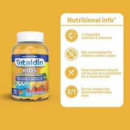 VITALDIN Multivitamin Kids Gummies - Dietary Supplement for Children - 11 Vitamins & Minerals - 70 Fruit Gummies (1 Month); Fruit Flavour - Strengthening the Energy & Immune System - Gluten Free