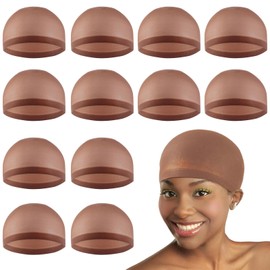 Wig Caps, 12 Pcs Brown Bald Cap for Lace Front,Sheer Breathable Ultra-thin Stretchy Stocking Caps for Women,Nylon,Long Short Hair
