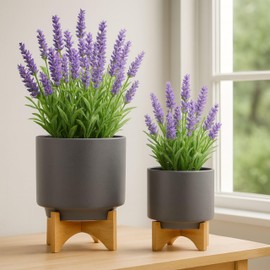Set of 2 Ceramic Planters with Bamboo Stands – Plant Pots – Modern Indoor & Outdoor Planter Set for Succulents, Herbs, or Flowers – Stylish Garden and Home Decor – 12" & 10", Matte Gray