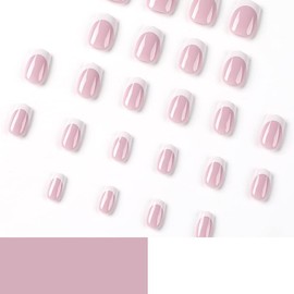 Nude White Trim Fake Nails Press On Nails Short Square,Glossy with Designs Full Cover Acrylic Glue on Nails Short Square Round False Nails Thick French Tip Stick on Nails for Women 24Pcs JP2157