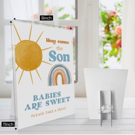 OXEDP Here Comes the Son Baby Shower Sign 8 x 11 Inch, Babies are Sweet Please Take a Treat Sign, Sunshine Baby Shower Sign with Stand, Boy Baby Shower Decorations-BBLP12