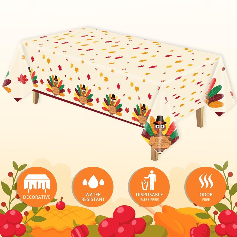 YQUQWN Turkey Thanksgiving Decorations, Disposable Tablecloth, Plastic Table Cover for