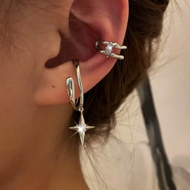 Atentuyi CZ Round Huggie Stud Earrings Silver Cross Earrings CZ Cross Earrings CZ Huggie Earrings Clip On Cartilage Earring Cross Dangle Earrings Jewellery for Women and Girls