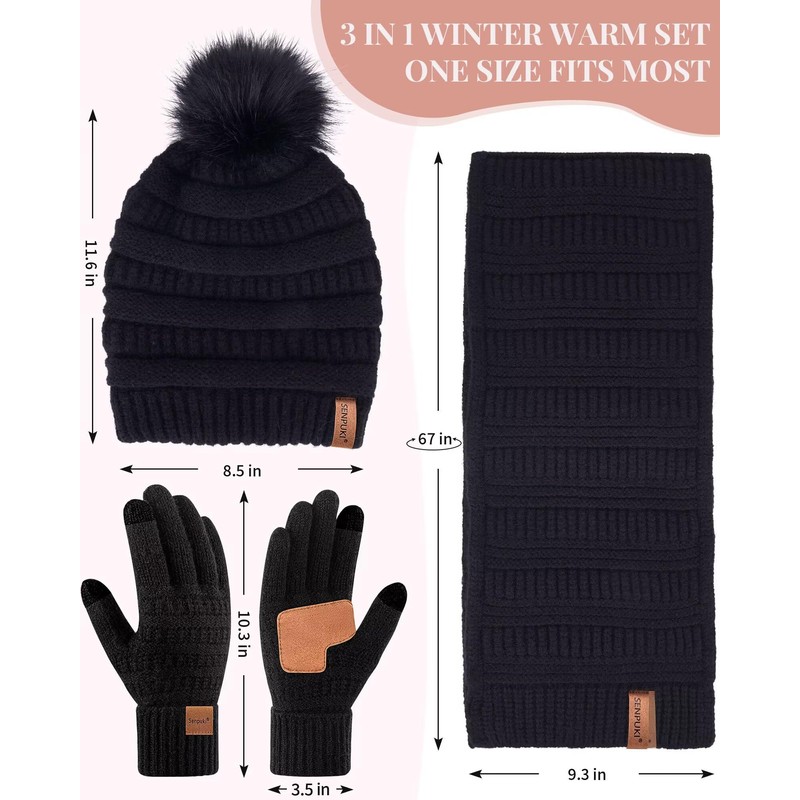 Womens Winter Beanie Hat Scarf Gloves Set, Cute Pom Pom