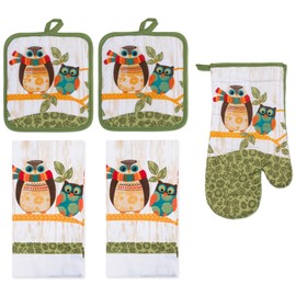 PREMIUS 5 Piece Owls Printed Kitchen Linen Set, 2 Cotton Towels, 2 Potholders, 1 Oven Mitt with Hanging Loop, 100% Cotton Material on Front & Polyester Backing, Perfect Kitchen Accessory, Gift