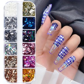 3D Rhombus Glitter Nail Art Sequins, Sparkly Rhombus Nail Flakes Design, 12 Grids Holographic Rhombus Nail Art Sequins Design for Women Girls Manicure Shiny Decorations DIY Resin Nail Art Tips