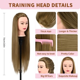 28" Mannequin Head With Hair Cosmetology Manikin Practice Braiding Doll Head For Hair Styling Training Head For Braiding Hairdressing With Free Wig Head Stand Hair Styling Tools Set (Golden)