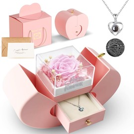 Preserved Red Real Rose with I love you Necklace 100 Languages, Forever Flowers Rose Birthday Gifts for Girlfriend, Mom, Grandma, Wife, Idea on Christmas, Valentine, Mother's Day, Anniversary (Pink)