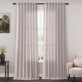 Extra Long Curtain 108 Inches Long 2 Panels Set Back Tab Champagne Linen Drapes for Living Room Neutral Farmhouse Light Filtering Semi Sheer Linen Curtains 108 Inch Length for Large Window 9 FT