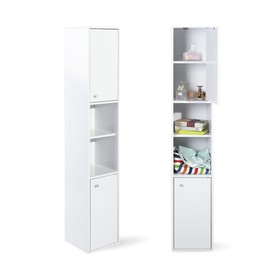 FurnitureR Tall Liner Tower Storage Cabinet Slim Wooden Freestanding Anti-Tipping Bathroom Home Kitchen Oranizer with 2 Doors and 6 Shelves, Set of 1, White