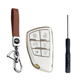 RPKEY 6 Buttons Key Fob Cover: Key Fob Shell with Keychain Fit for 2021 2022 2023 Chevy Tahoe Suburban GMC Yukon Yukon XL Yukon Denali Hummer EV White & Gold Car Key fob Case