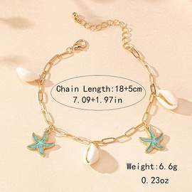 SAVNOJW Charm Starfish Shell Ankle Bracelets for Women, Trendy 14K Gold Paperclip Chain Sea Star Statement Anklets Boho Ocean Holiday Seashell Foot Jewelry (Green)