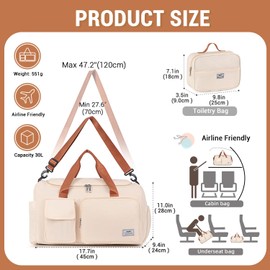 FIORETTO Women's Water-Resistant Gym Duffle Bag with Shoes Compartment, 37L Capacity, Multi-Functional, Ideal for Travel, Gym, Sports, Duffel, Weekender, Off White+Brown(with Toiletry Bag)