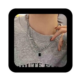 Cimenexe Bohemian Crystal Square Choker Necklace Black Onyx Square Pendant Necklace Silver CZ Tennis Chain Necklace Onyx Figaro Chain Collar Necklace Jewellery for Women, Zinc, No Gemstone