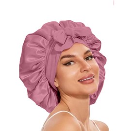 Mcoser Dark Pink Silk Sleep Bonnets for Women,Adjustable Night Sleeping Cap,Elastic Band Silk Bonnet with Bow for Confinement Beauty&Hair Care