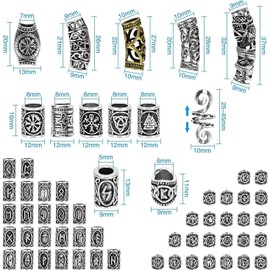 Pangutiandi Dreadlock Beads, Decorative Beard Beads Antique DIY Hair Beads Alphabet Charm Bracelet Beads, 80pcs Metal Letter Beads Classical Pattern Spacers,1 Storage Pouch (Silver)