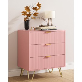 Aobafuir 3 Drawer Dresser for Bedroom, Modern Closet Dressers Chest of Drawers, Storage Dresser Chest Cabinet Organizer Unit, Small Fluted Dresser for Bedroom (Pink Stripe)