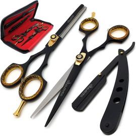 RAPRO RP-SS-01 Professional Barber Hairdressing Scissors Set Includes Barber Razor Shear, Stylish Thinning Scissor, Straight Edge Cut Throat Razor with Hair Comb and Scissors Case (Black Set AU)