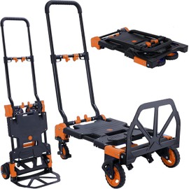 2-in-1 Folding Hand Truck Dolly 330LB Load Carrying, Hand Truck Foldable Dolly with Retractable Handle and 4 Rubber Wheels, Portable Folding Hand Cart for Moving/Travel/Office(Orange)
