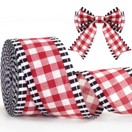 KINGLAKE Red White Black Wired Ribbon – 2.5 Inch x 11 Yards Red and White Gingham Burlap Ribbon with Black Edges for Crafts, Gift Wrapping, Wreaths and Christmas Decoration