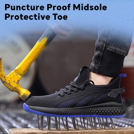 SPIEZ Unisex Safety Shoes with Composite Toe Cap, Puncture Proof Breathable Work Shoes for Men and Women, Slip on Fashion Sneakers for Work and Daily Wear, 10 Women/9 Men, BlackBlue-Upgraded