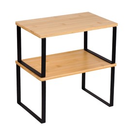 Kitchen Cabinet Organizer Shelf, Set of 2 Stackable Counter Shelves, Small Wood Cabinet Riser Shelf for Pantry Cupboard Spice Dish Mug Cup, Expandable, Metal Engineered Wood (Beige & Black, 11.7''W)