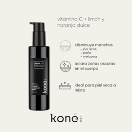Koné Care Crema despigmentante unificadora: Vitamina C, rosa mosqueta, limón y naranja.